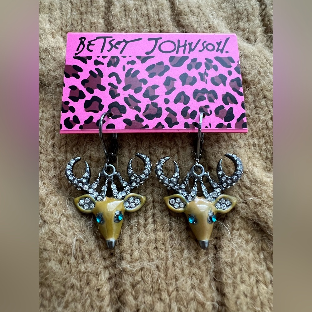 Betsey Johnson Reindeer Drop Earrings Crystal Holiday Winter Jewelry